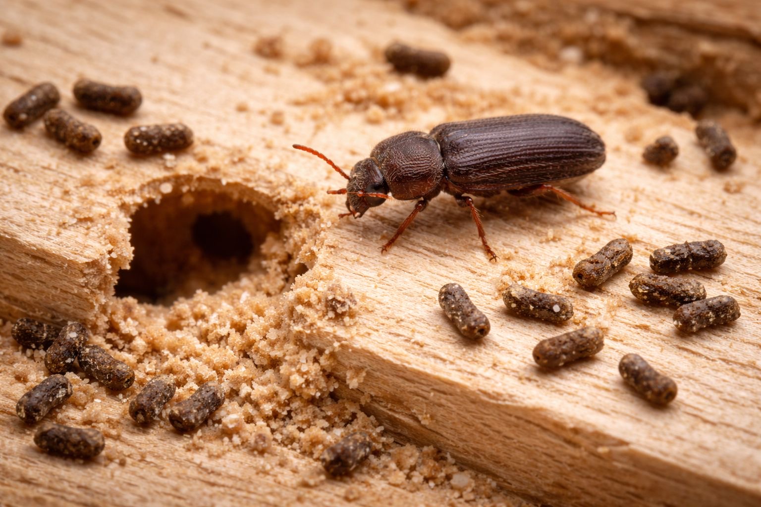 Wood borer beetle next to an exit hole in timber